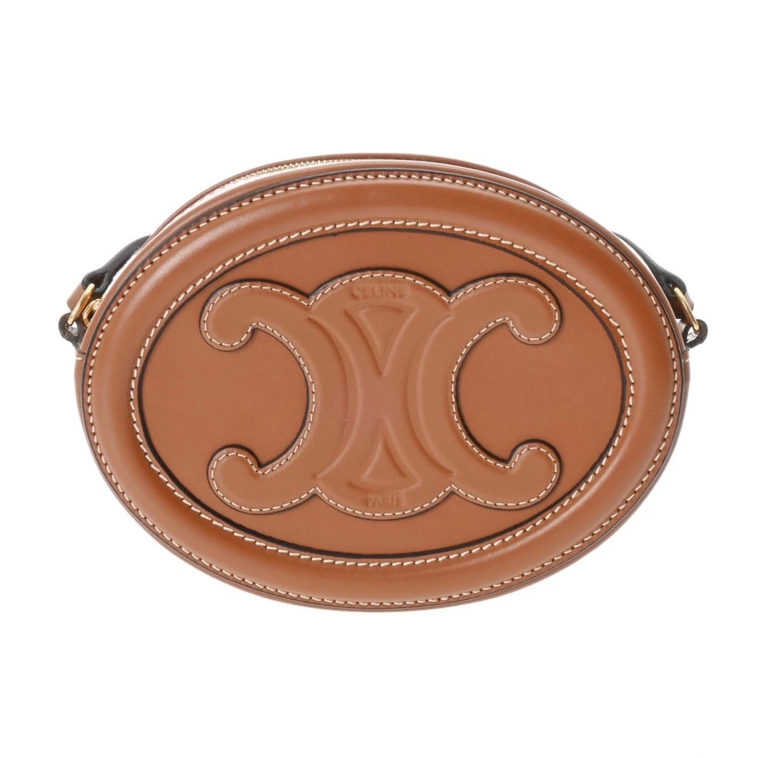 CELINE OVAL PERTH CUIL TRIOMPHE CALF TAN SHOULDER BAG: CELINE Oval Perth Cuil Triomphe calf Tan Shoulder Bag Brand: CELINE Type: Shoulder Bag Material: calf Color: Tan × Gold Metal Size: H:about 4.7inch (Center) W:about 6.3inch (maximum) D:about