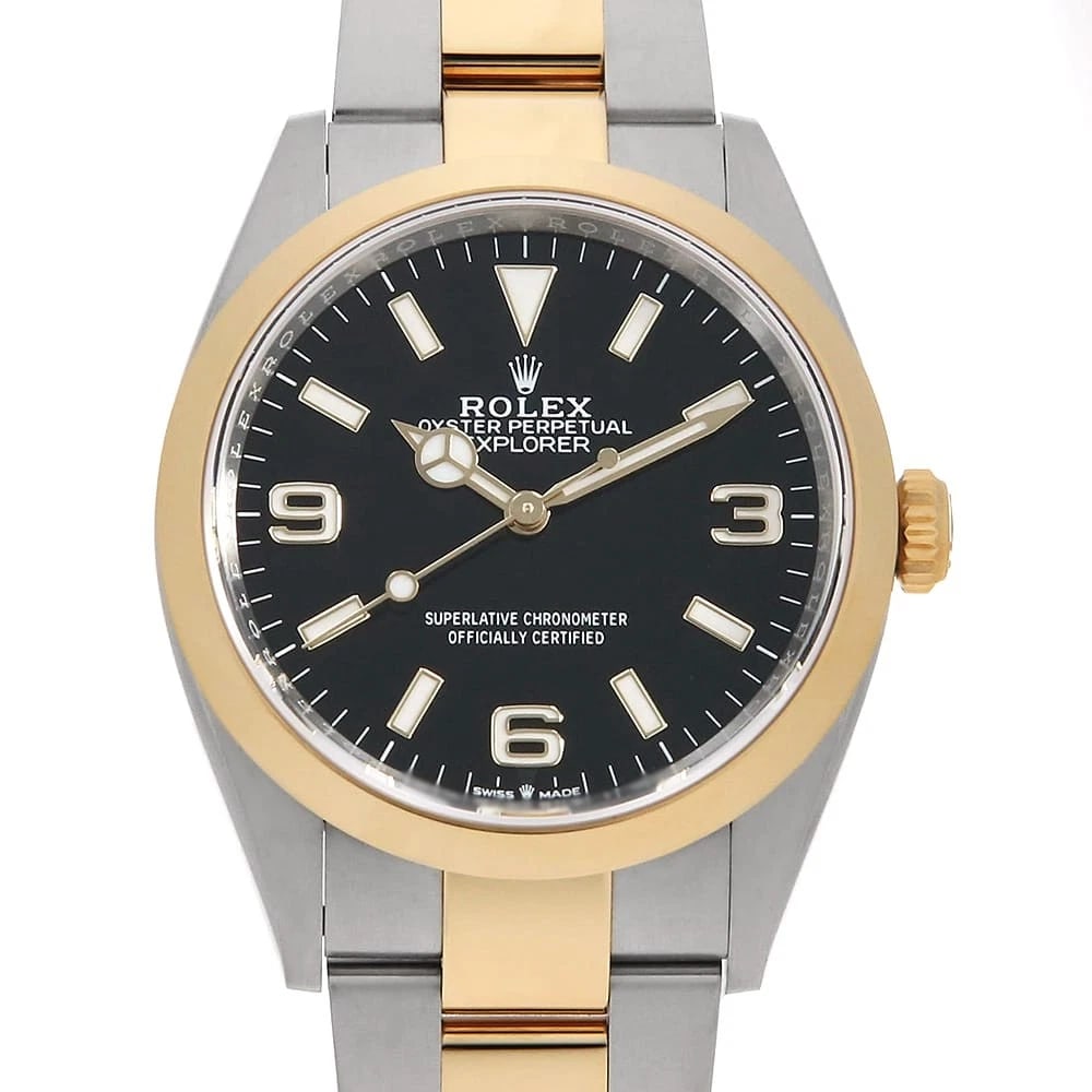 ROLEX EXPLORER BLACK WATCH: ROLEX Explorer black Watch Brand: ROLEX Type: Wrist watch Material: Band Material Stainless Steel/Yellow Gold, Case Material Stainless Steel/Yellow Gold Color: Dial Color Black Size: Case:W36mm Ci