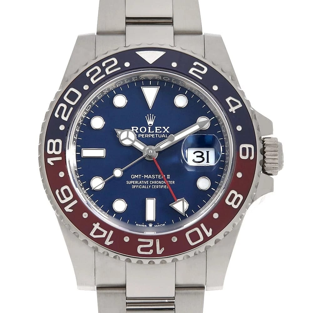 ROLEX GMT MASTER BLUE WATCH: ROLEX GMT Master blue Watch Brand: ROLEX Type: Wrist watch Material: Band Material White Gold, Case Material White Gold Color: Dial Color Blue Size: Case:W40mm Circumference of Wrist:19.5cm 