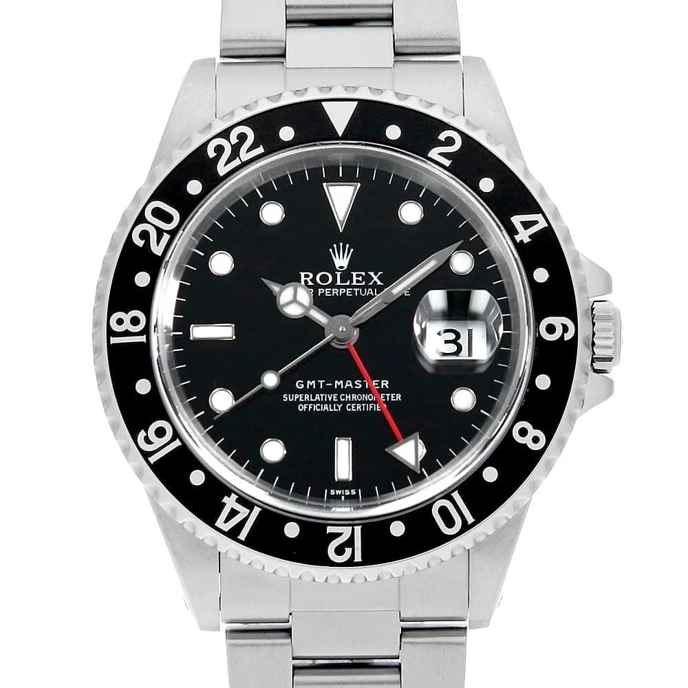 ROLEX GMT MASTER BLACK BEZEL WATCH: ROLEX GMT Master Black Bezel Watch Brand: ROLEX Type: Wrist watch Material: Band Material Stainless Steel, Case Material Stainless Steel Color: Dial Color Black Size: Case:W40mm Circumference of W