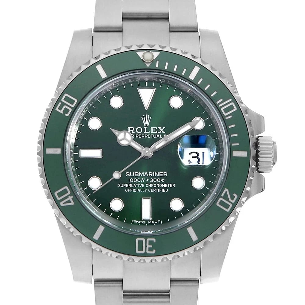 ROLEX SUBMARINER GREEN WATCH: ROLEX SUBMARINER green Watch Brand: ROLEX Type: Wrist watch Material: Band Material Stainless Steel, Case Material Stainless Steel Color: Dial Color Green Size: Case:W40mm Circumference of Wrist:2