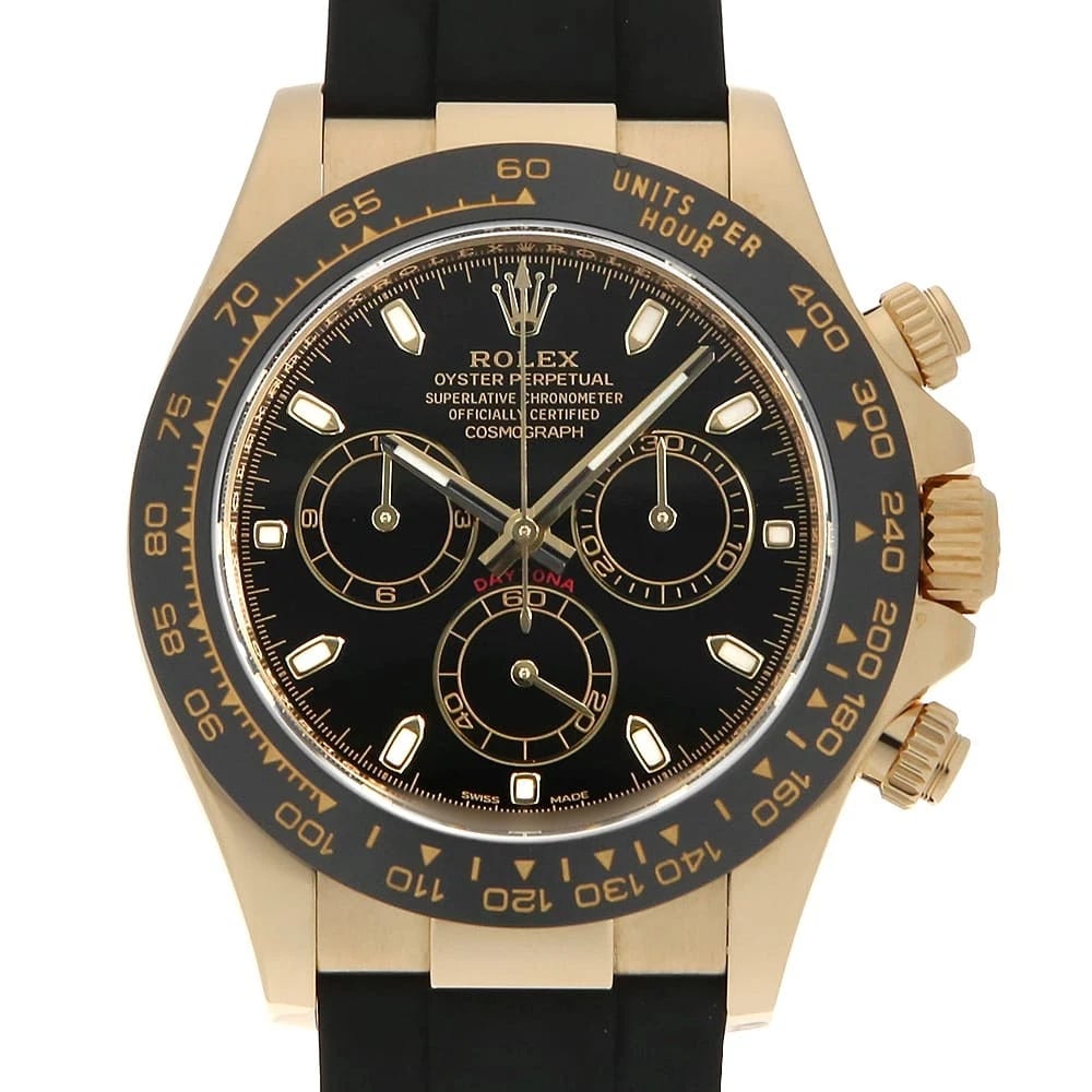 ROLEX COSMOGRAPH DAYTONA BLACK WATCH: ROLEX Cosmograph Daytona black Watch Brand: ROLEX Type: Wrist watch Material: Band Material rubber, Case Material Yellow Gold Color: Dial Color Black Size: Case:W40mm Circumference of Wrist:17.5cm