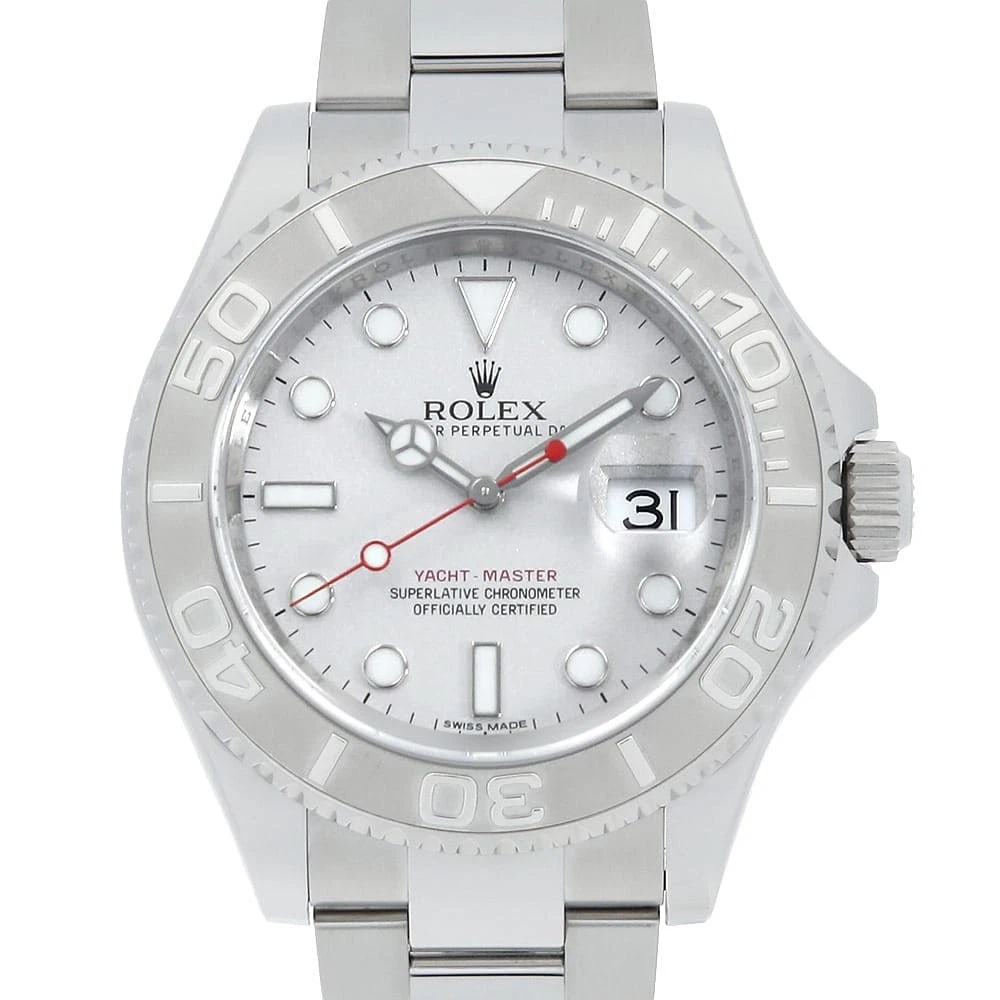 ROLEX YACHT MASTER SILVER WATCH: ROLEX Yacht Master Silver Watch Brand: ROLEX Type: Wrist watch Material: Band Material Stainless Steel, Case Material Stainless Steel/Platinum Color: Dial Color Silver Size: Case:W40mm Circumferen