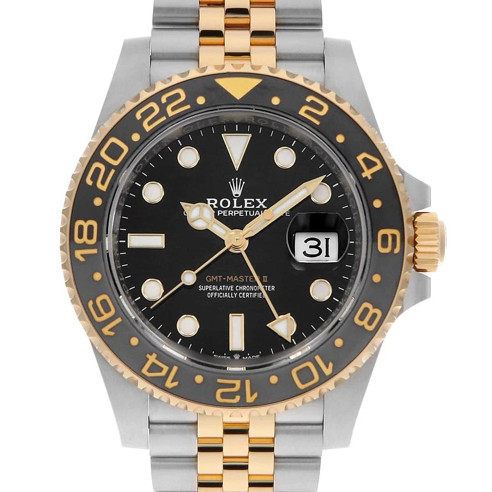ROLEX GMT MASTER BLACK WATCH: ROLEX GMT Master black Watch Brand: ROLEX Type: Wrist watch Material: Band Material Stainless Steel/Yellow Gold, Case Material Stainless Steel/Yellow Gold Color: Dial Color Black Size: Case:W40mm