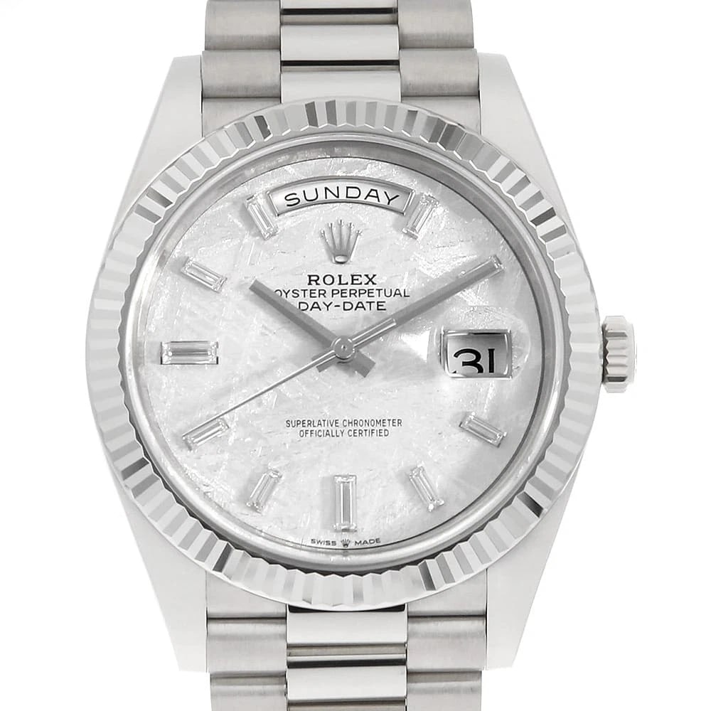 ROLEX METEOLITE WHITE GOLD WATCH: ROLEX Meteolite White Gold Watch Brand: ROLEX Type: Wrist watch Material: Band Material White Gold, Case Material White Gold Color: Dial Color Meteorite Size: Case:W40mm Circumference of Wrist:19c