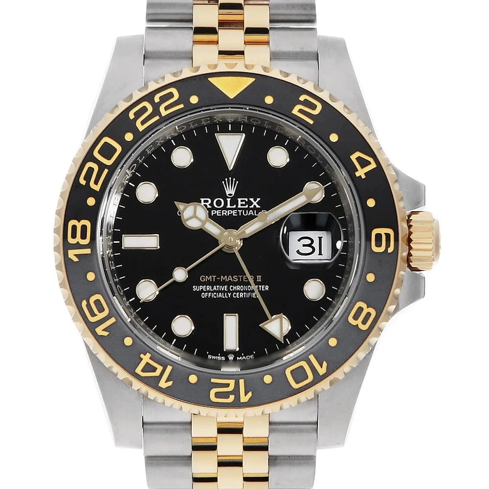 ROLEX GMT MASTER BLACK WATCH: ROLEX GMT Master black Watch Brand: ROLEX Type: Wrist watch Material: Band Material Stainless Steel/Yellow Gold, Case Material Stainless Steel/Yellow Gold Color: Dial Color Black Size: Case:W40mm