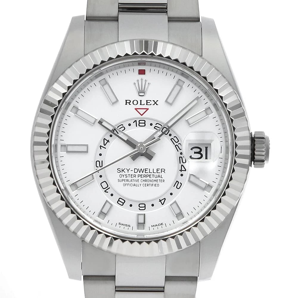 ROLEX SKY DWELLER WHITE OYSTER WATCH: ROLEX SKY DWELLER white oyster Watch Brand: ROLEX Type: Wrist watch Material: Band Material Stainless Steel, Case Material Stainless Steel/White gold Color: Dial Color White Size: Case:W42mm Circu