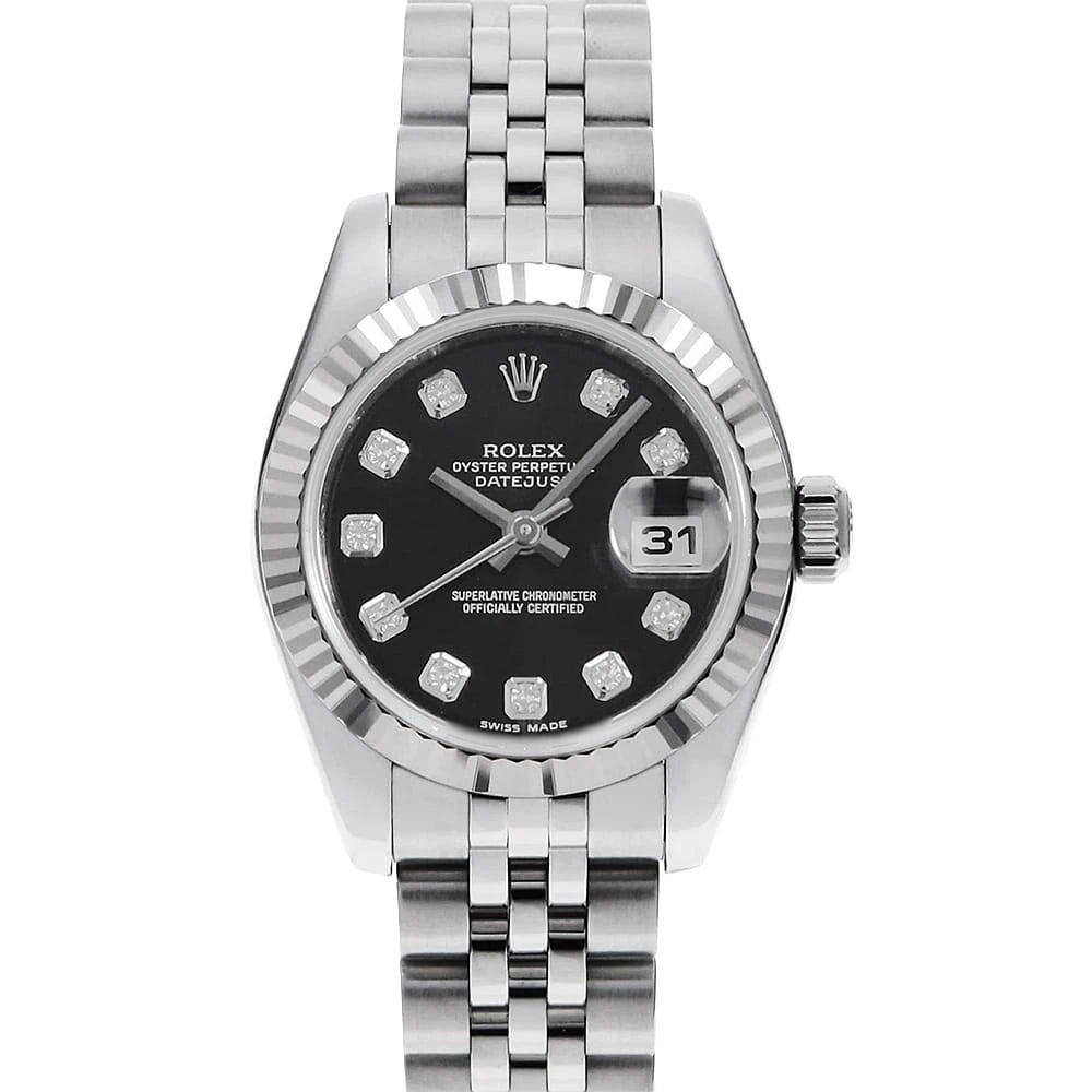 ROLEX DATEJUST DIAMOND BLACK WATCH: ROLEX Datejust Diamond black Watch Brand: ROLEX Type: Wrist watch Material: Band Material Stainless Steel, Case Material Stainless Steel/White gold Color: Dial Color Black Size: Case:W26mm Circumferen