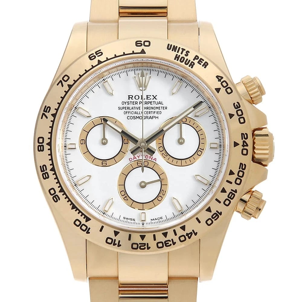 ROLEX COSMOGRAPH DAYTONA WHITE WATCH: ROLEX Cosmograph Daytona white Watch Brand: ROLEX Type: Wrist watch Material: Band Material Yellow Gold, Case Material Yellow Gold Color: Dial Color White Size: Case:W40mm Circumference of Wrist:1
