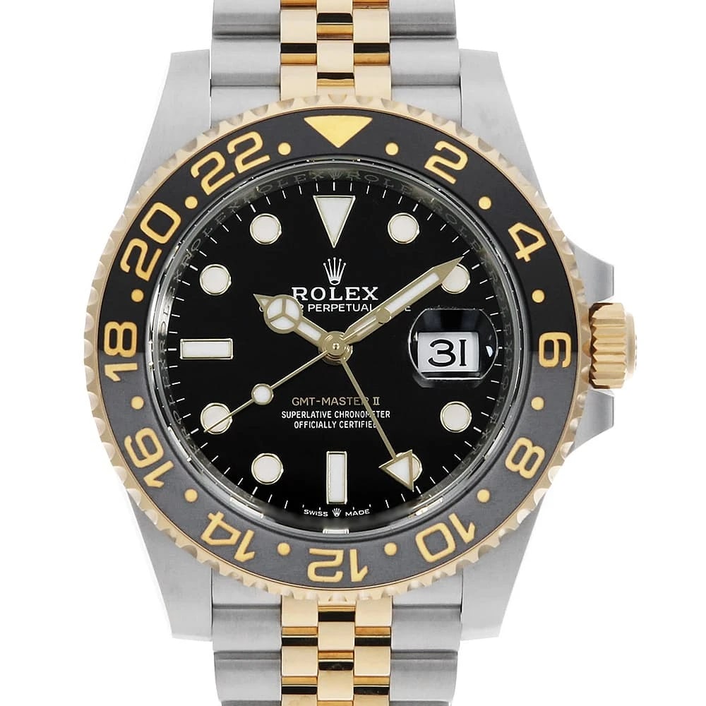 ROLEX GMT MASTER BLACK WATCH: ROLEX GMT Master black Watch Brand: ROLEX Type: Wrist watch Material: Band Material Stainless Steel/Yellow Gold, Case Material Stainless Steel/Yellow Gold Color: Dial Color Black Size: Case:W40mm
