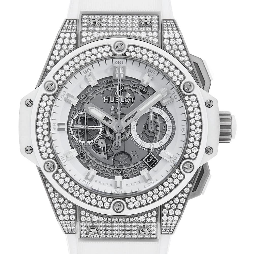 HUBLOT KING POWER TITANIUM WHITE WATCH: HUBLOT King Power Titanium White Watch Brand: HUBLOT Type: Wrist watch Material: Band Material rubber, Case Material Titanium Color: Dial Color Skeleton Size: Case:W48mm Accessories: None