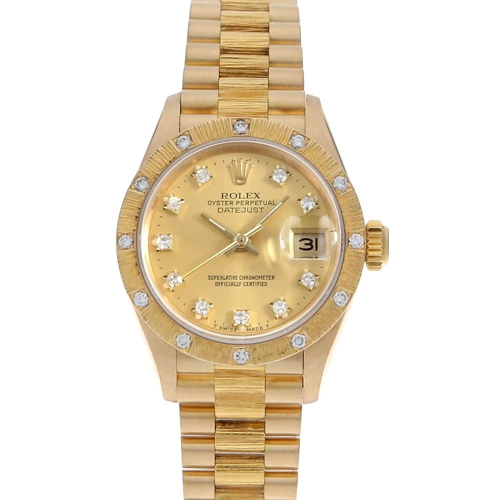 ROLEX DATEJUST BEZEL DIAMOND CHAMPAGNE WATCH: ROLEX Datejust Bezel Diamond Champagne Watch Brand: ROLEX Type: Wrist watch Material: Band Material Yellow Gold, Case Material Yellow Gold Color: Dial Color Champagne Gold Size: Case:W26mm Circumf
