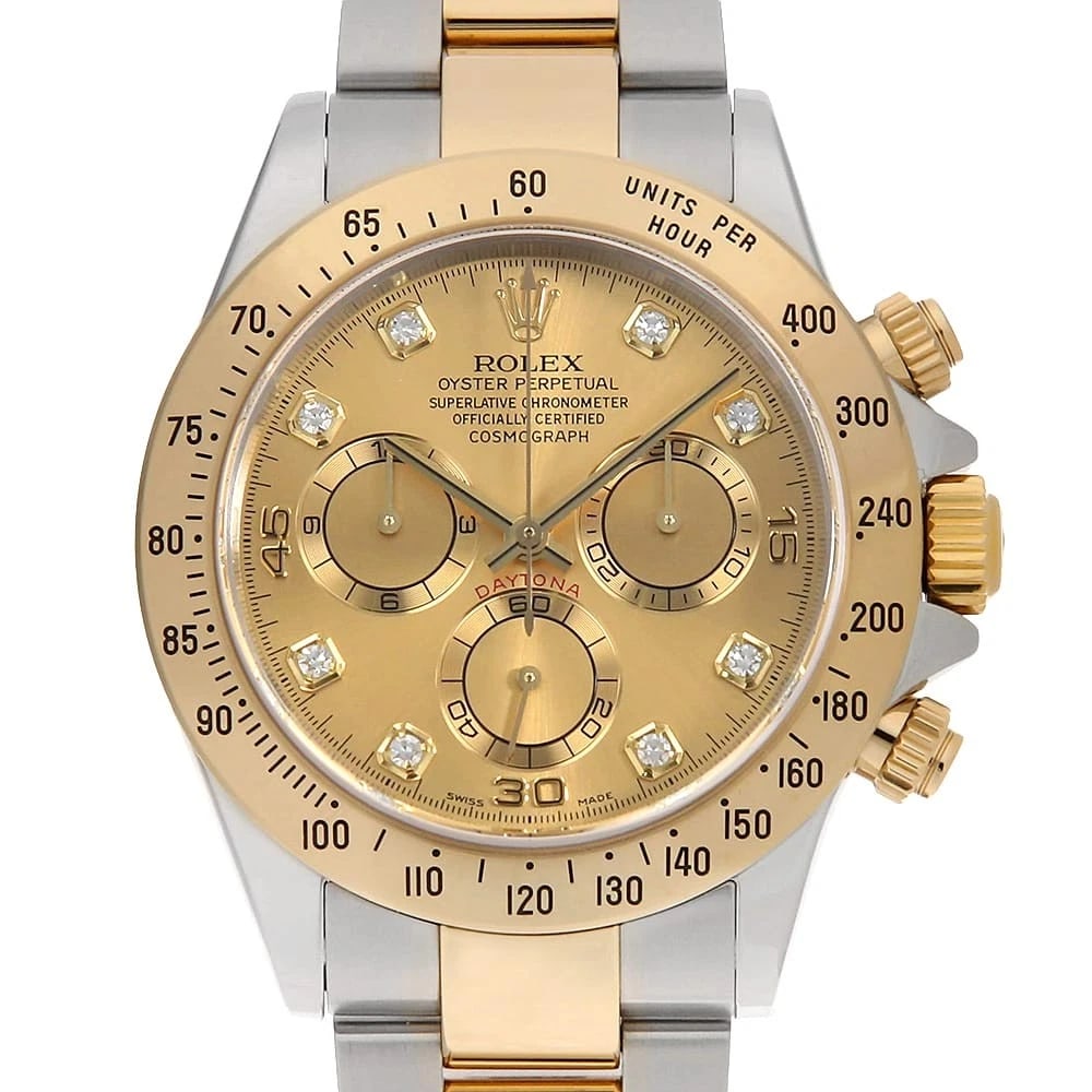 ROLEX COSMOGRAPH DAYTONA DIAMOND CHAMPAGNE WATCH: ROLEX Cosmograph Daytona diamond Champagne Watch Brand: ROLEX Type: Wrist watch Material: Band Material Stainless Steel/Yellow Gold, Case Material Stainless Steel/Yellow Gold Color: Dial Color Cham