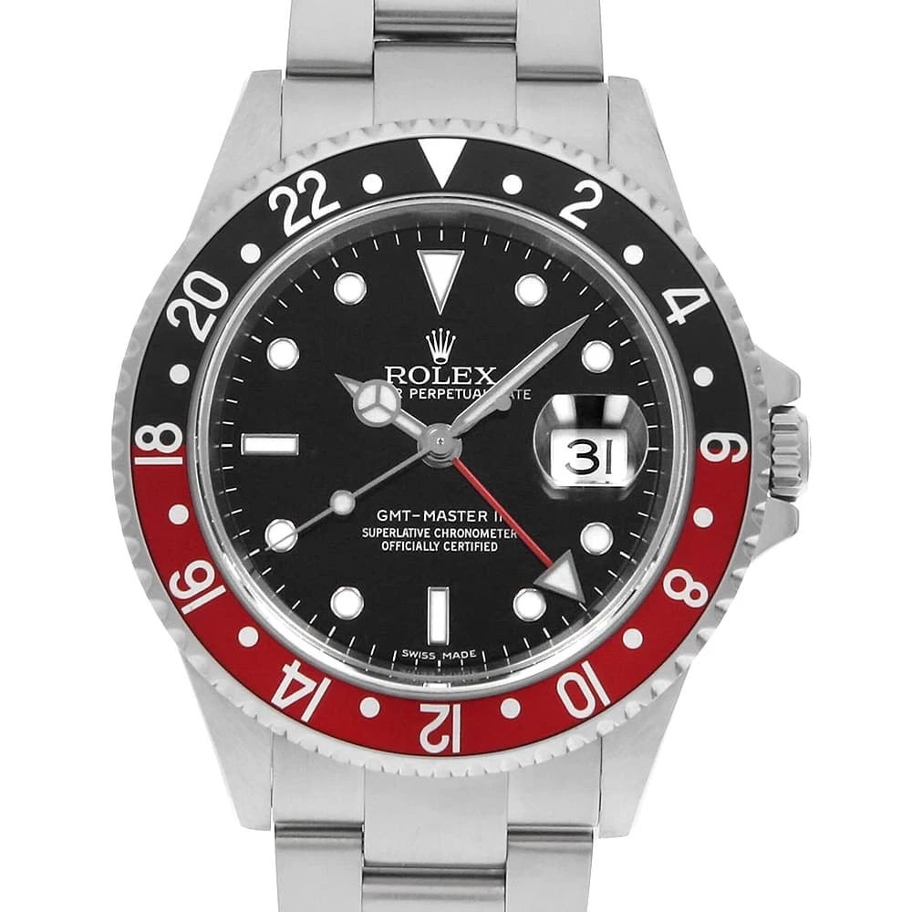 ROLEX GMT MASTER RED AND BLACK BEZEL WATCH: ROLEX GMT Master Red and Black Bezel Watch Brand: ROLEX Type: Wrist watch Material: Band Material Stainless Steel, Case Material Stainless Steel Color: Dial Color Black Size: Case:W40mm Circumfere