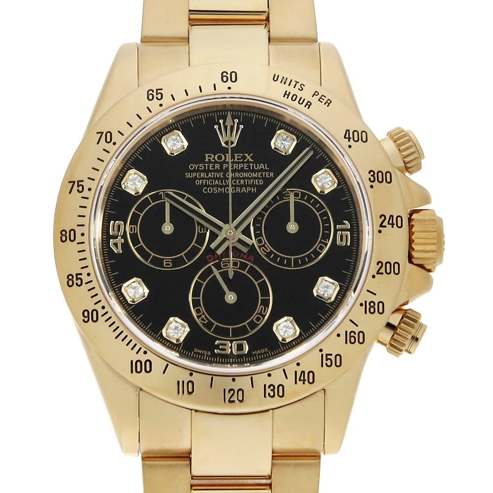 ROLEX COSMOGRAPH DAYTONA DIAMOND BLACK WATCH: ROLEX Cosmograph Daytona diamond black Watch Brand: ROLEX Type: Wrist watch Material: Band Material Yellow Gold, Case Material Yellow Gold Color: Dial Color Black Size: Case:W40mm Circumference of