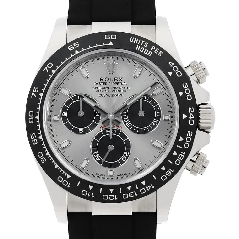 ROLEX COSMOGRAPH DAYTONA STEEL AND BLACK WATCH: ROLEX Cosmograph Daytona Steel and black Watch Brand: ROLEX Type: Wrist watch Material: Band Material rubber, Case Material White Gold Color: Dial Color Steel and Black Size: Case:W40mm Circumfere