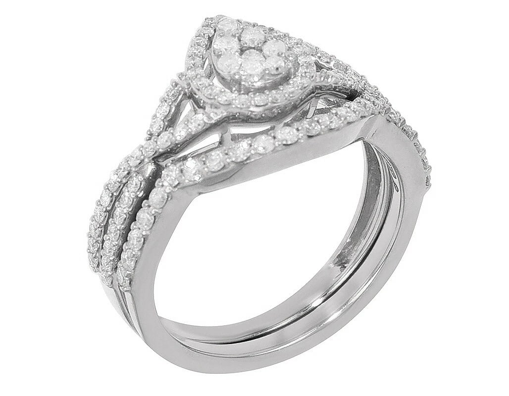 PEAR SHAPED CLUSTER REAL DIAMOND BRIDAL SET RING: Pear Shaped Cluster Real Diamond Bridal Set Ring Brand: None Type: Ring Material: 10K White Gold, Color: White Size: 7 US Accessories: None Accessories Notice: When purchasing pre-owned go
