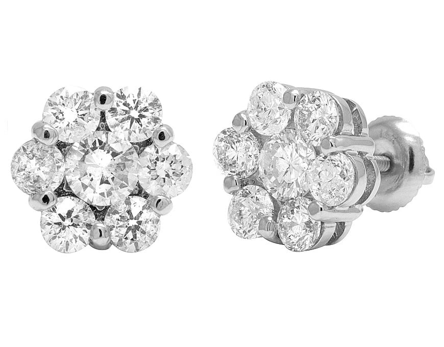 UNISEX 14K WHITE GOLD ROUND FLOWER DIAMOND STUD EARRINGS: Unisex 14K White Gold Round Flower Diamond Stud Earrings Brand: None Type: Earring Material: 14K White Gold, Main Stone/Creation Natural Color: White Size: Dimension 10mm Accessories: None