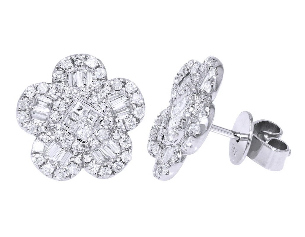 BAGUETTE FLOWER DIAMOND STUD EARRING 14K WHITE GOLD (1 of 4)