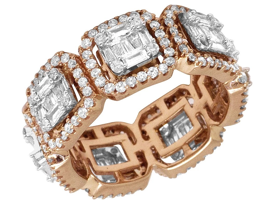 BAGUETTE REALDIAMOND ETERNITY BAND 14K ROSE GOLD: Baguette RealDiamond Eternity Band 14K Rose Gold Brand: None Type: Ring Material: 14K Rose Gold, Color: Gold Size: 8 US Accessories: None Accessories Notice: When purchasing pre-owned good