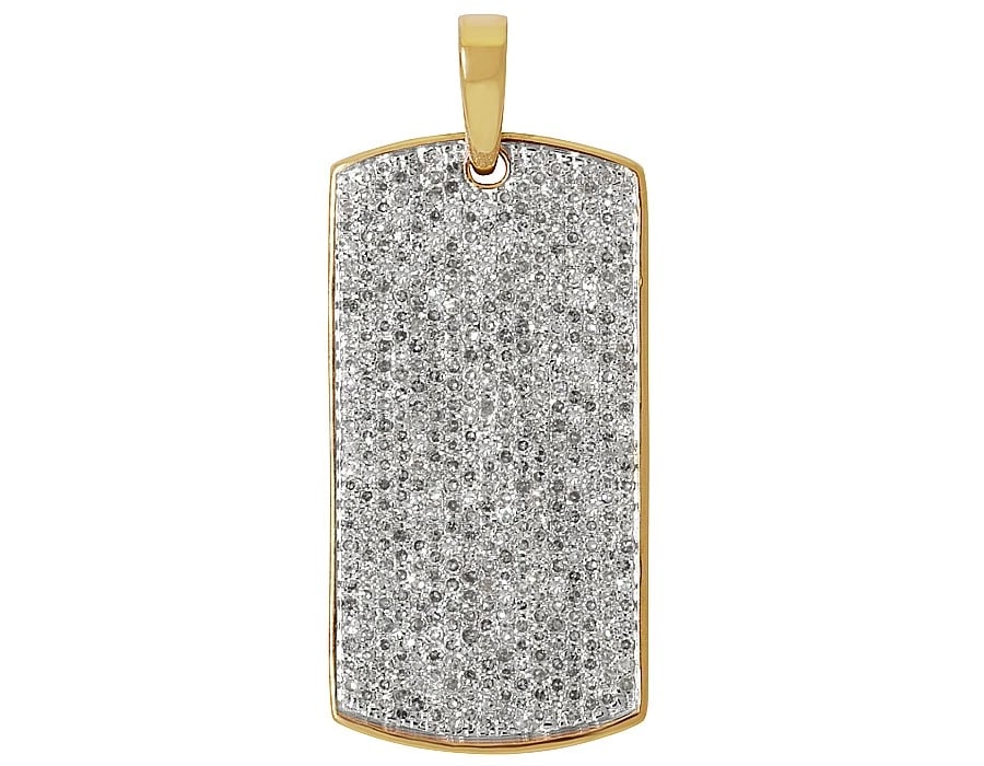 MEN'S 10K YELLOW GOLD ICE OUT DIAMOND DOGTAG FINE PENDANT: Men's 10K Yellow Gold Ice Out Diamond Dogtag Fine Pendant Brand: None Type: Pendant Material: 10K Yellow Gold, Main Stone/Creation Natural Color: Yellow Gold Size: Dimension 1.25" Accessories: No