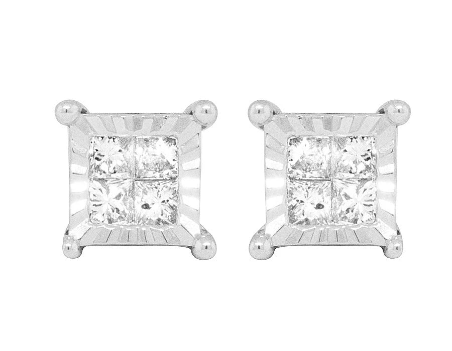 UNISEX 10K WHITE GOLD PRINCESS REAL DIAMOND MIRACLE SET STUD EARRINGS: Unisex 10K White Gold Princess Real Diamond Miracle Set Stud Earrings Brand: None Type: Earrings Material: 10K White Gold, Main Stone/Creation Natural Color: White Size: Dimension(s) 7mm, 3.5mm he