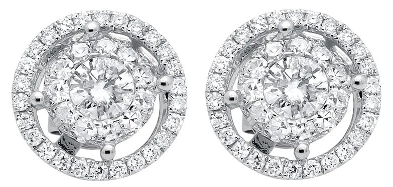 14K WHITE GOLD DOUBLE HALO SOLITAIRE ACCENT DIAMOND STUD EARRINGS: 14K White Gold Double Halo Solitaire Accent Diamond Stud Earrings Brand: None Type: Earrings Material: 14K White Gold, Main Stone/Creation Natural Color: White Size: Dimension(s) 7 Diameter Acces