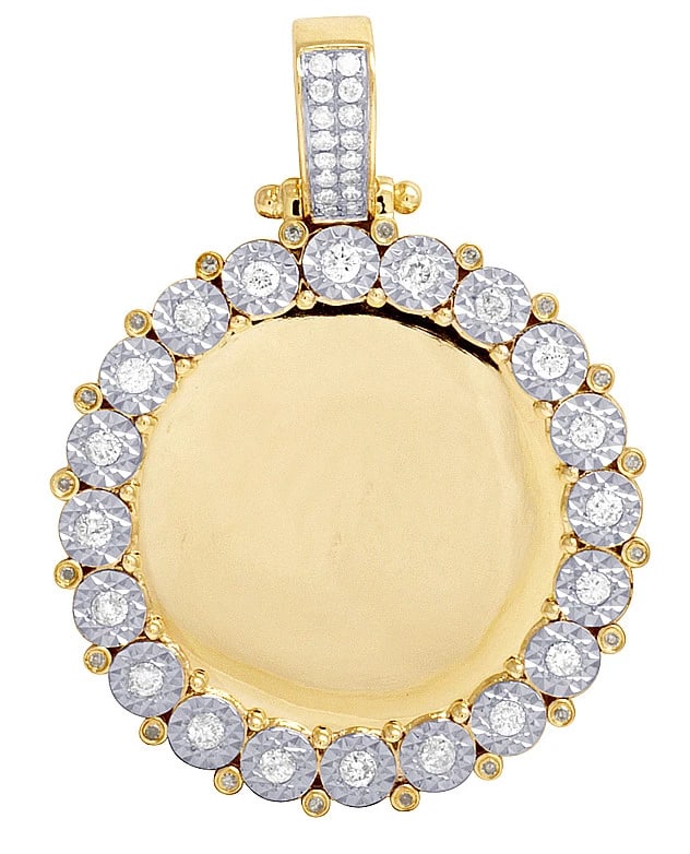 MENS REAL DIAMOND PENDANT MEMORY FRAME 10K YELLOW GOLD CHARM: Mens Real Diamond Pendant Memory Frame 10K Yellow Gold Charm Brand: None Type: Pendant Material: 10K Yellow Gold, Main Stone/Creation Natural Color: Yellow Gold Size: Dimension 1.6" Accessories: