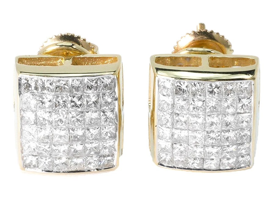 MENS LADIES 14K YELLOW GOLD BEZEL PRINCESS CUT DIAMOND STUD EARRINGS (1 of 4)