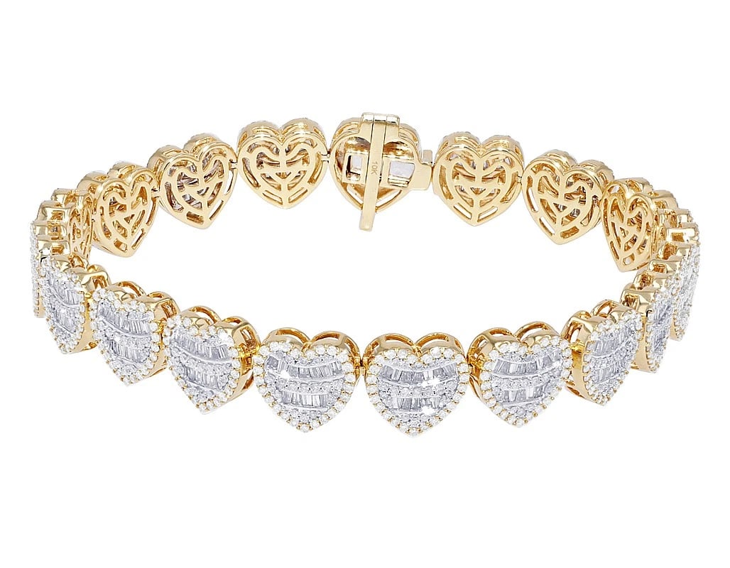 HEART-SHAPED BAGUETTE REAL DIAMOND TENNIS10K YELLOW GOLD BRACELET: Heart-Shaped Baguette Real Diamond Tennis10k Yellow Gold Bracelet Brand: None Type: Bracelet Material: 10k Yellow Gold, Color: Gold Size: Dimension L 8" x W 10mm Accessories: None Accessor