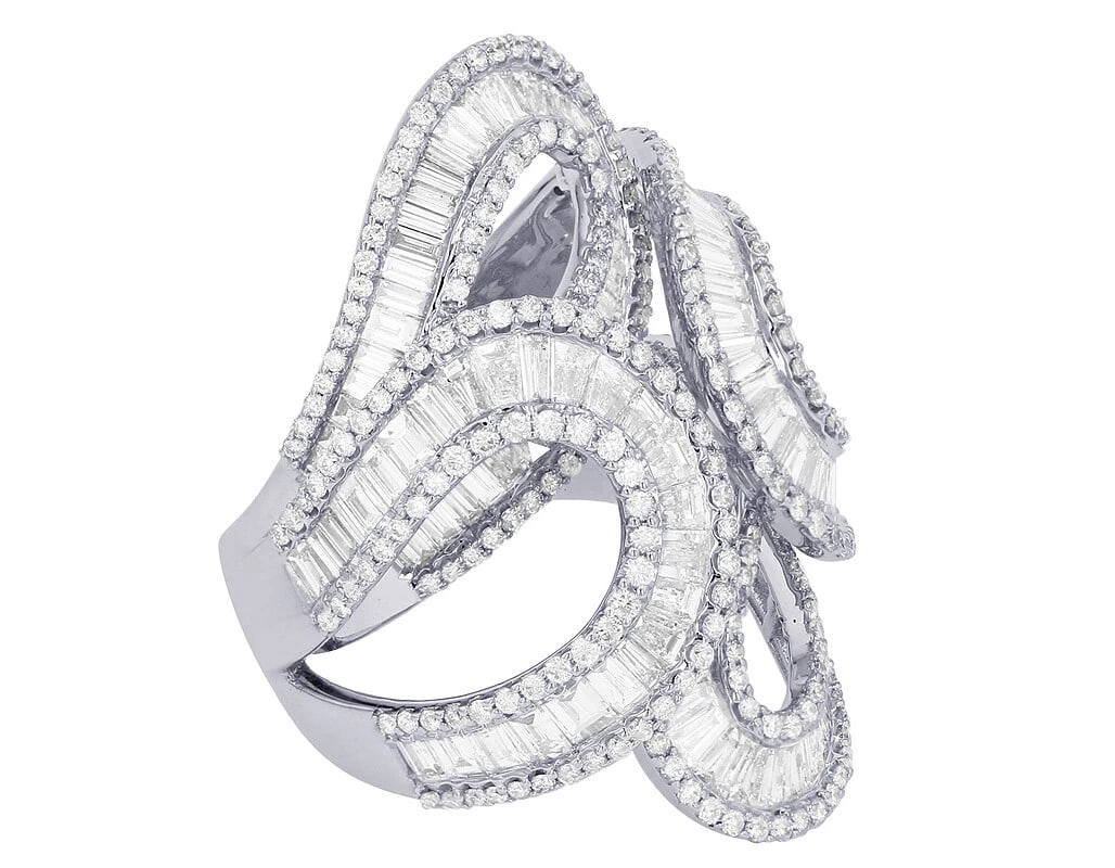 14K WHITE GOLD DIAMOND SWIRL RING: 14K White Gold Diamond Swirl Ring Brand: None Type: Ring Material: 14K White Gold, Main Stone/Creation Natural Color: White Size: 7 US Accessories: None Accessories Notice: When purchasing