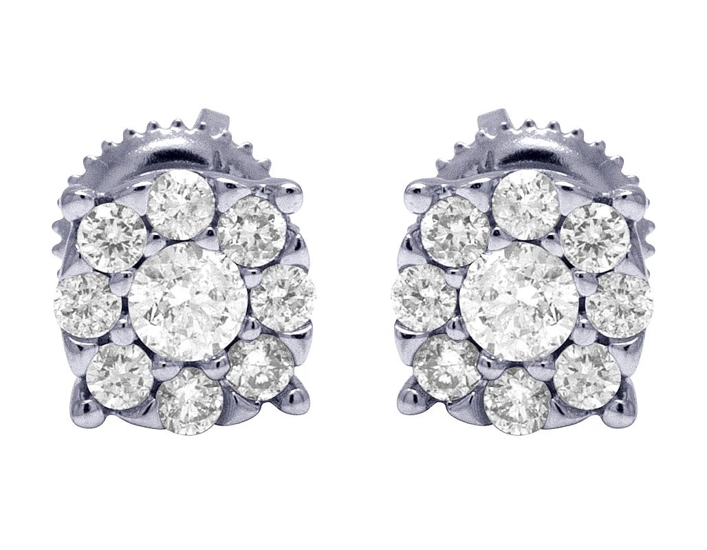 14K WHITE GOLD REAL DIAMOND 4 PRONG ROUND CLUSTER EARRINGS: 14K White Gold Real Diamond 4 Prong Round Cluster Earrings Brand: None Type: Earrings Material: 14K White Gold, Main Stone/Creation Natural Color: White Size: Dimension(s) 7mm Accessories: None