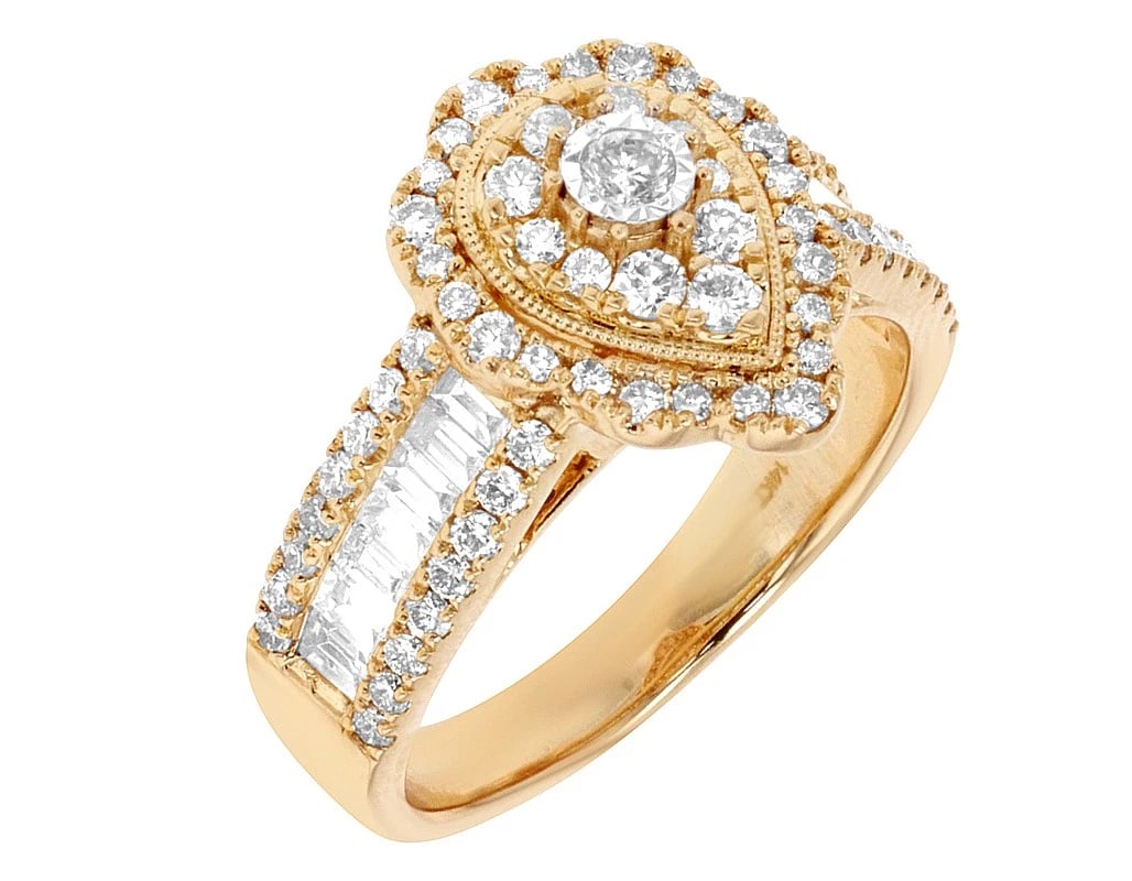 PEAR SHAPE DOUBLE HALO REAL DIAMOND RING: Pear Shape Double Halo Real Diamond Ring Brand: None Type: Ring Material: 14K Yellow Gold, Main Stone/Creation Natural Color: Main Stone Color White Size: 7 US Accessories: None Accessorie