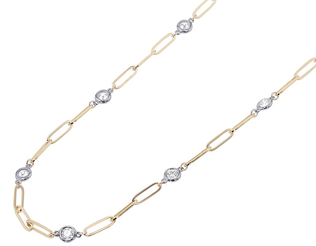 14K YELLOW-WHITE GOLD BEZEL SET DIAMOND PAPERCLIP CHAIN NECKLACE (1 of 2)