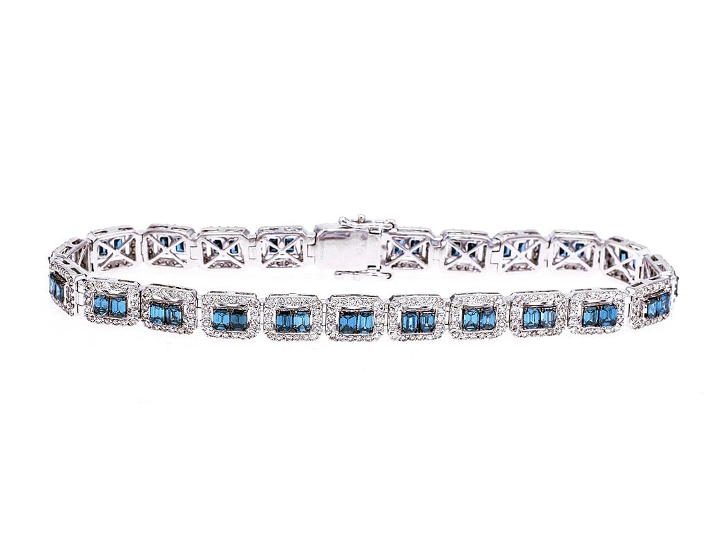BLUE SAPPHIRES REAL DIAMOND TENNIS BRACELET 10K WHITE GOLD (1 of 2)