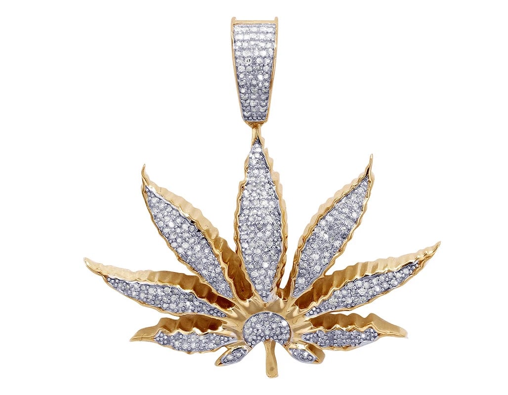 DESIGNER HERBAL LEAF REAL DIAMOND PENDANT 10K YELLOW GOLD (1 of 3)