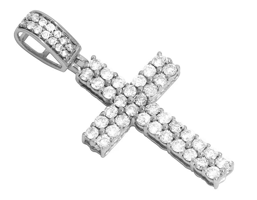 GENUINE DIAMOND 10K WHITE GOLD TWO ROW PRONG CROSS PENDANT: Genuine Diamond 10K White Gold Two Row Prong Cross Pendant Brand: None Type: Pendant Material: 10K White Gold, Main Stone/Creation Natural Color: White Gold Size: Dimension 1.5" Accessories: None