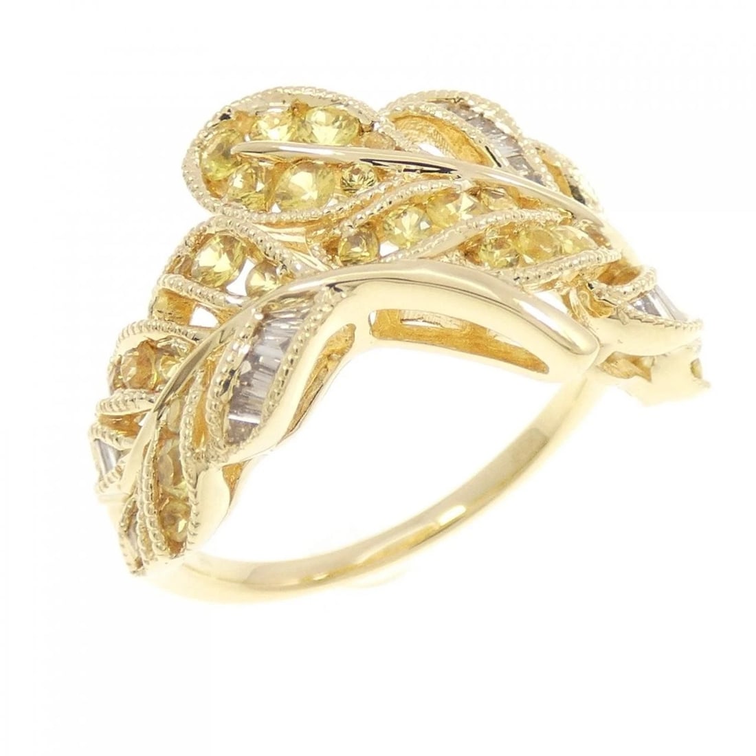 K18YG LEAF SAPPHIRE RING: K18YG Leaf Sapphire Ring Brand: Unbranded Type: Sapphire Ring Material: K18 yellow gold, Main Stone/Creation SapphireSecondary Stone Natural Color: Yellow Gold Size: US5 3/4 Accessories: None