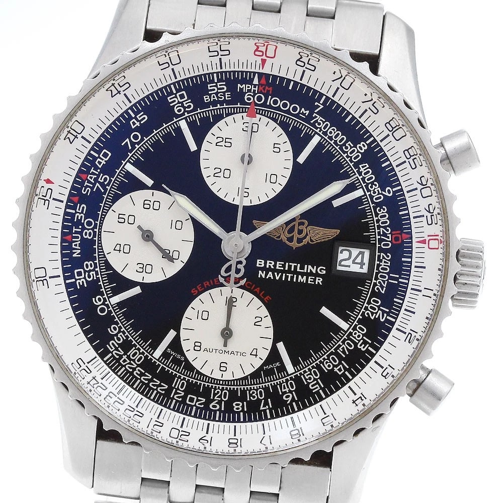 BREITLING NAVITIMER CHRONOGRAPH WATCH: BREITLING Navitimer Chronograph Watch Brand: BREITLING Type: Wristwatch Material: Band Material Stainless Steel, Case Material Stainless Steel Color: Band Color Silver, Dial Color Black /