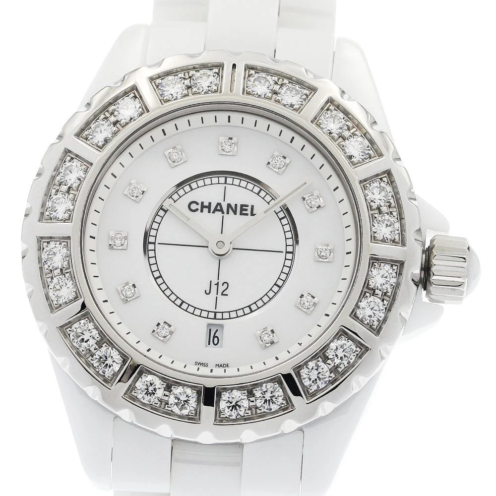 CHANEL J12 WHITE CERAMIC DIAMOND BEZEL WATCH: CHANEL J12 White Ceramic Diamond Bezel Watch Brand: CHANEL Type: Wristwatch Material: Band Material Stainless Steel / ceramic, Case Material Stainless Steel / ceramic Color: Band Color White /