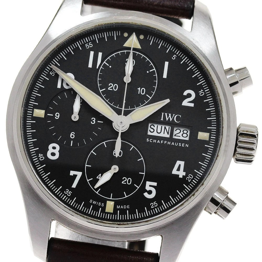 IWC SCHAFFHAUSEN PILOT WATCH CHRONOGRAPH WATCH: IWC SCHAFFHAUSEN Pilot watch Chronograph Watch Brand: IWC SCHAFFHAUSEN Type: Wristwatch Material: Band Material leather, Case Material Stainless Steel Color: Band Color Brown, Dial Color black,