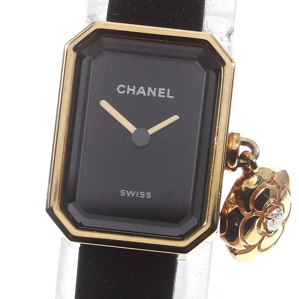 CHANEL PREMIERE CAMELLIA BLACK WATCH: CHANEL Premiere Camellia Black Watch Brand: CHANEL Type: Wristwatch Material: Band Material Rubber/(buckle K18YG), Case Material K18YG / Titanium Color: Band Color black, Dial Color black, Case