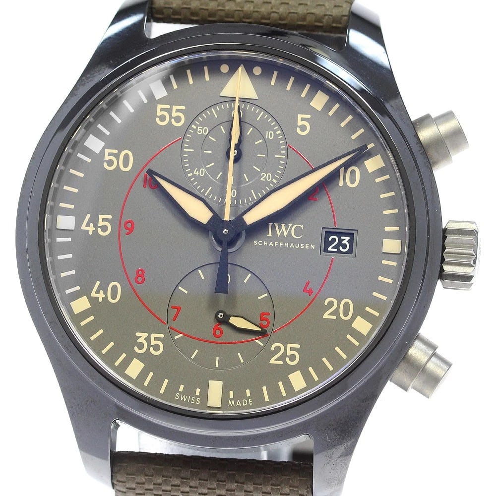 IWC SCHAFFHAUSEN TOP GUN MIRAMAR CHRONOGRAPH WATCH: IWC SCHAFFHAUSEN Top Gun Miramar Chronograph Watch Brand: IWC SCHAFFHAUSEN Type: Wristwatch Material: Band Material Leather / nylon, Case Material Ceramic Titanium Color: Band Color khaki, Dial