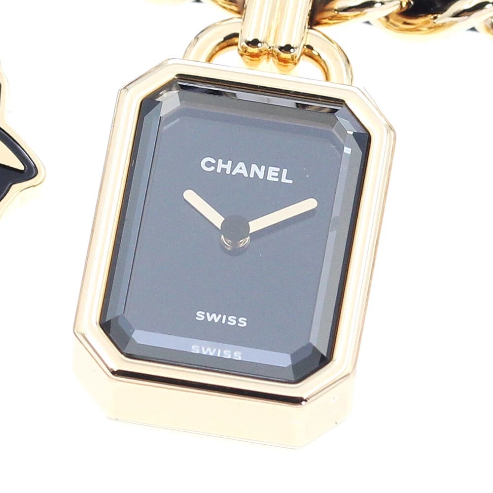 CHANEL PREMIERE CHARM BLACK WATCH: CHANEL Premiere Charm black Watch Brand: CHANEL Type: Wristwatch Material: Band Material Stainless Steel/K18YG/Leather, Case Material Stainless Steel/K18YG Color: Band Color Gold / Black, Dial