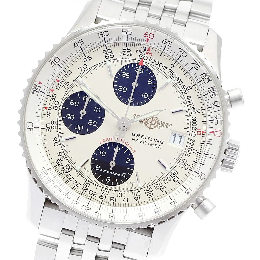 BREITLING NAVITIMER CHRONOGRAPH WATCH: BREITLING Navitimer Chronograph Watch Brand: BREITLING Type: Wristwatch Material: Band Material Stainless Steel, Case Material Stainless Steel Color: Band Color Silver, Dial Color Silver / Black, C