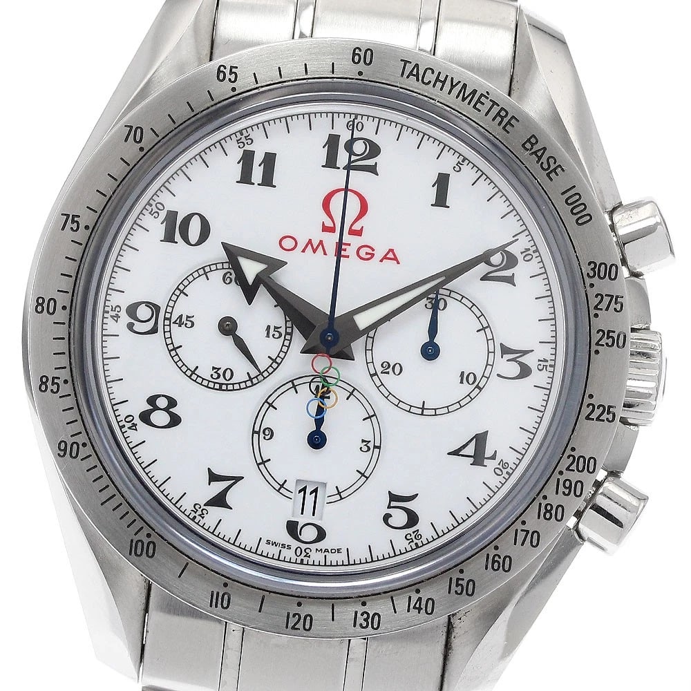 OMEGA SPEEDMASTER BROAD ARROW OLYMPICS WATCH: OMEGA Speedmaster Broad Arrow Olympics Watch Brand: OMEGA Type: Wristwatch Material: Band Material Stainless Steel, Case Material Stainless Steel Color: Band Color Silver, Dial Color white, Case Co