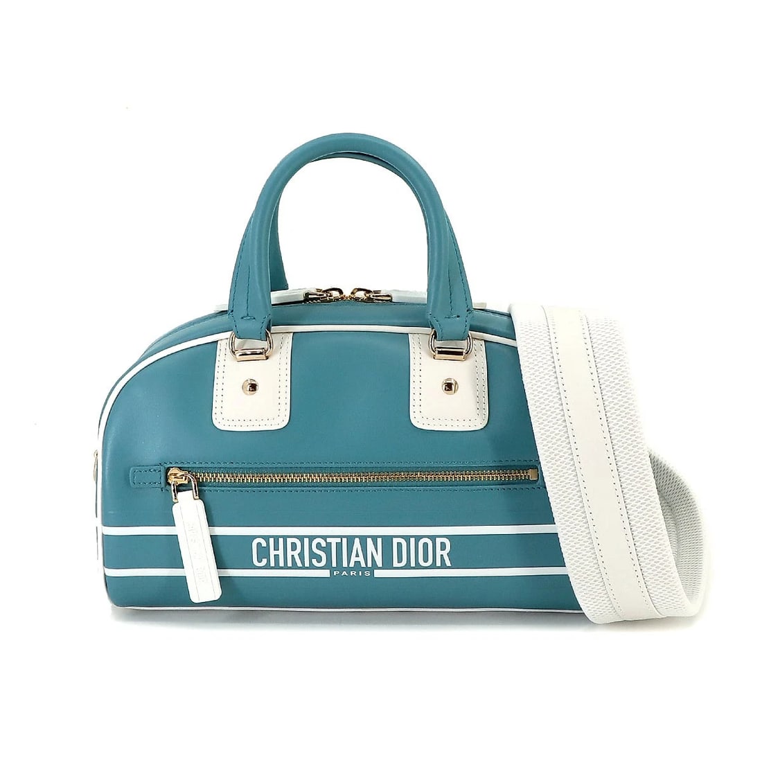 CHIRISTIAN DIOR SMALL VIBE ZIP BOWLING BAG HAND SHOULDER: Chiristian Dior Small Vibe Zip Bowling Bag Hand Shoulder Brand: Christian Dior Type: Hand Bag / Shoulder Bag Material: Leather Color: Turquoise , White Size: W 9.84 inch, H 6.30 inch, D 4.33 inch