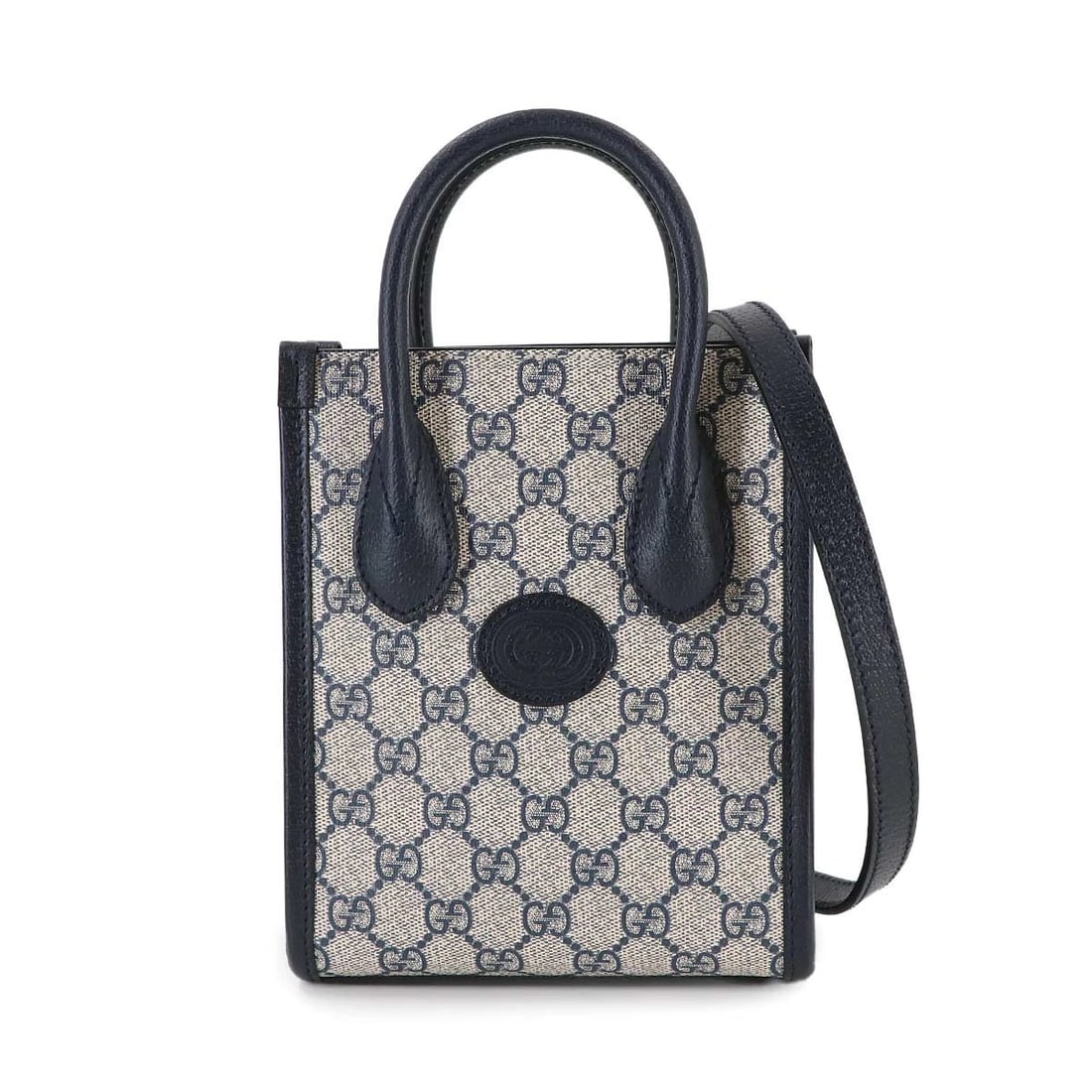 GUCCI INTERLOCKING G MINI TOTE SHOULDER BAG: GUCCI Interlocking G Mini Tote Shoulder Bag Brand: GUCCI Type: Tote Bag / Shoulder Bag Material: GG Supreme Canvas , Leather Color: Beige , Blue Size: W 6.30 inch, H 7.48 inch, D 2.76 inch Access