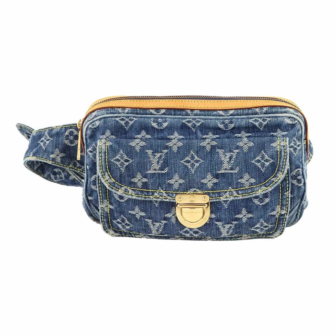 LOUIS VUITTON MONOGRAM DENIM BUM BAG: LOUIS VUITTON Monogram Denim Bum Bag Brand: LOUIS VUITTON Type: Waist pouch Material: Monogram Denim Canvas Color: Blue Size: W 9.06 inch, H 6.10 inch, D 2.17 inch Accessories: None Access