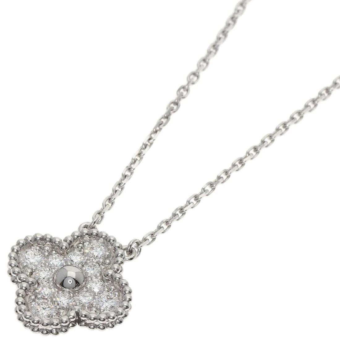 VAN CLEEF & ARPELS VINTAGE ALHAMBRA DIAMOND NECKLAC: Van Cleef & Arpels Vintage Alhambra Diamond Necklac Brand: Van Cleef & Arpels Type: Necklace Material: K18 White Gold, Color: Silver Size: Chain Length:16.5inch/42cm Chain Width:0.5inch/1.3mm Top